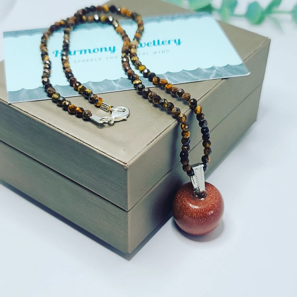 Tiger eye necklace with Goldstone pendant